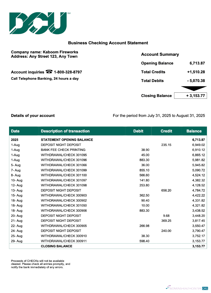 Download USA DCU company checking account statement Word and PDF template Photoshop template